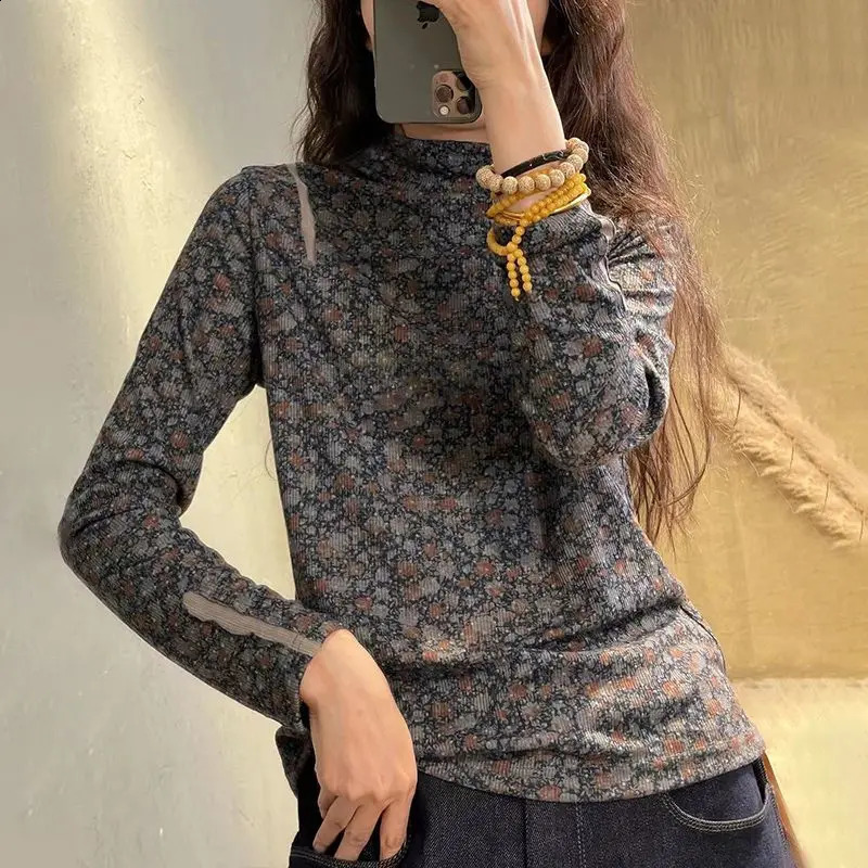 Autumn Womens Elegant Half Collar Flower Bottom Shirt Comfortable Casual Long Sleeve Tshirt 240827