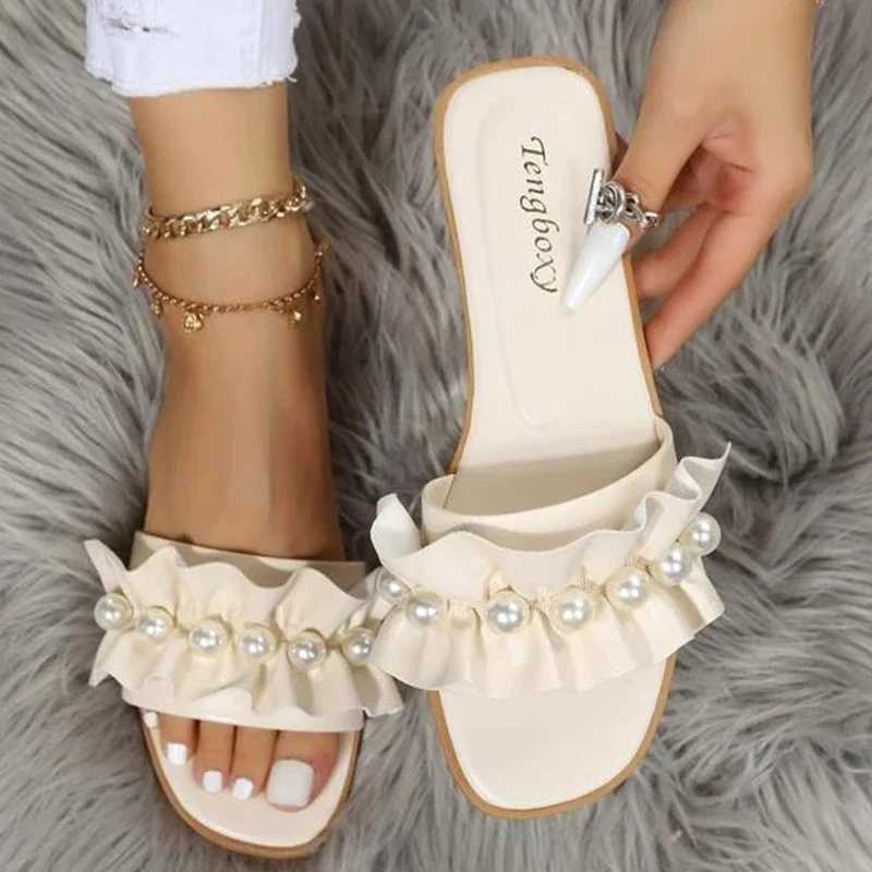 Women Slides Faux Pearl Decor Ruffle Trim Sandals Open Toe Wear-resistant Flat Slippers Summer Beach Sandals Women Shoes W250704