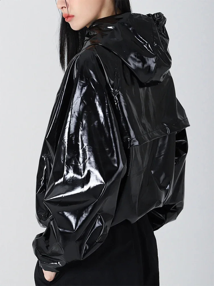 Womens smooth synthetic leather hooded jacket solid color shiny PU waterproof jacket long sleeved PVC jacket customized 240827