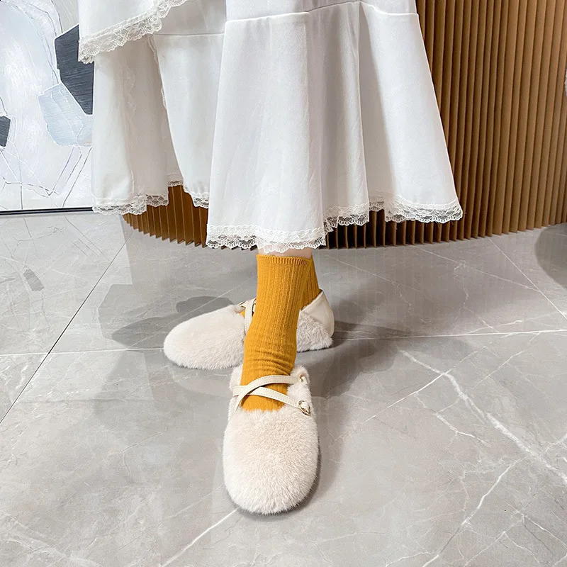 Cross Belt Mink Ballet Dancer Womens Wool Flat Shoes Womens Warm Plush Fur Mocassines Sliding on Cotton Cushion Women 240827
