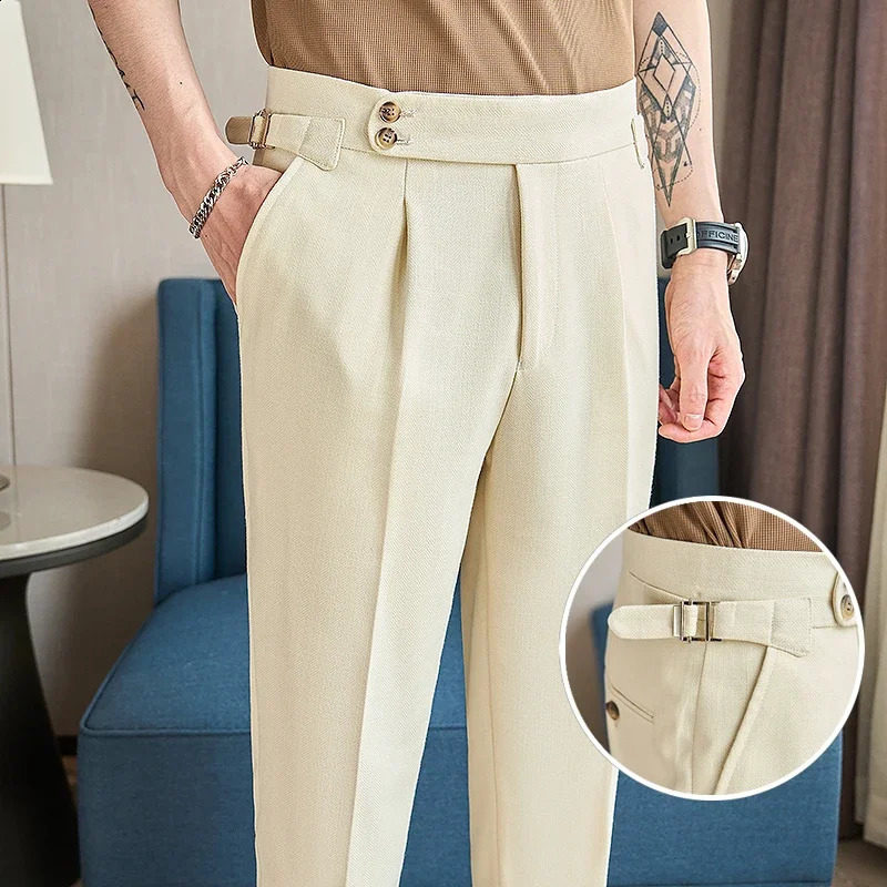 British style Naples mens high-end linen pants high waist straight slim fit casual mens pants high-quality solid social suit 240828