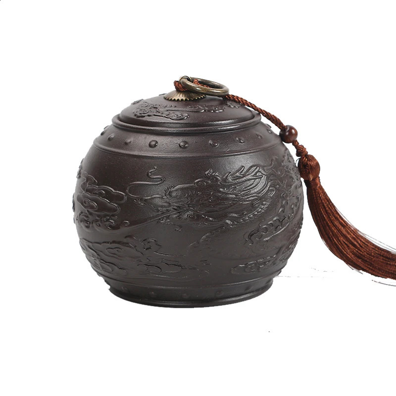 Vintage purple clay tea caddy large circular ceramic storage jar sealed Puer tea box dragon series with tassel tea container jar 240827