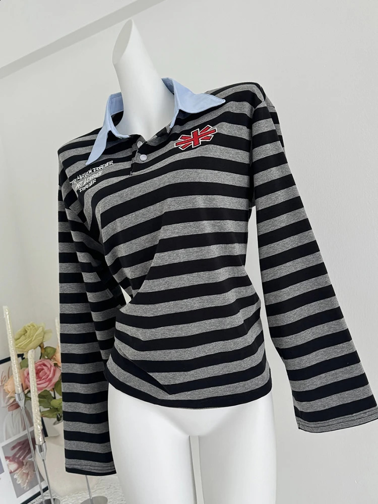 Autumn Womens Japanese Y2k Korean Fashion Polo Neck T-shirt Long Sleeve Striped T-shirt Gyaru Harajuku 2000s Aesthetic Cute 240827