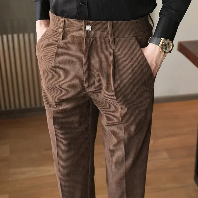 British Style Men High Waist Casual Dress Pant Belt n Slim Trousers Formal Office Social Wedding Party Suit Pants 240827