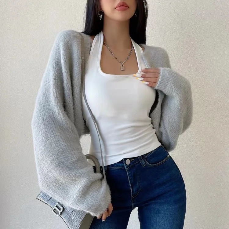 Mohair Knitted Bolero Cardigan for Women Open Front Cropped Shrug Sweater Fuzzy Long Sleeve Trendy Knitwear 240828