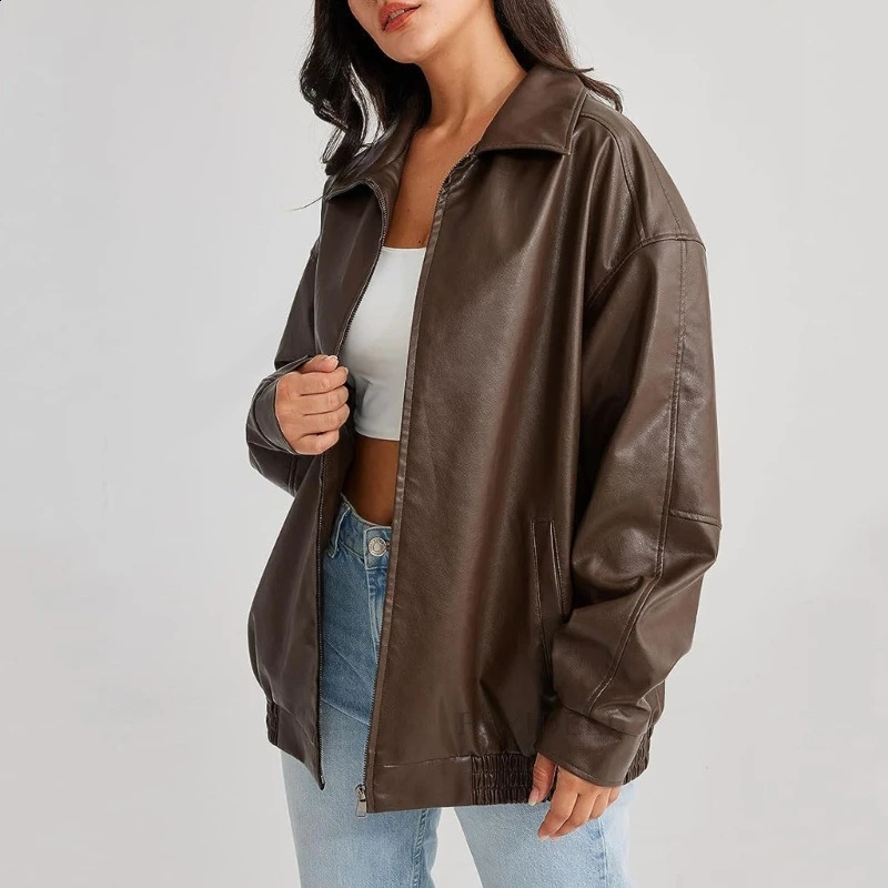 Womens PU leather oversized jacket long sleeved lapel zipper jacket 240827