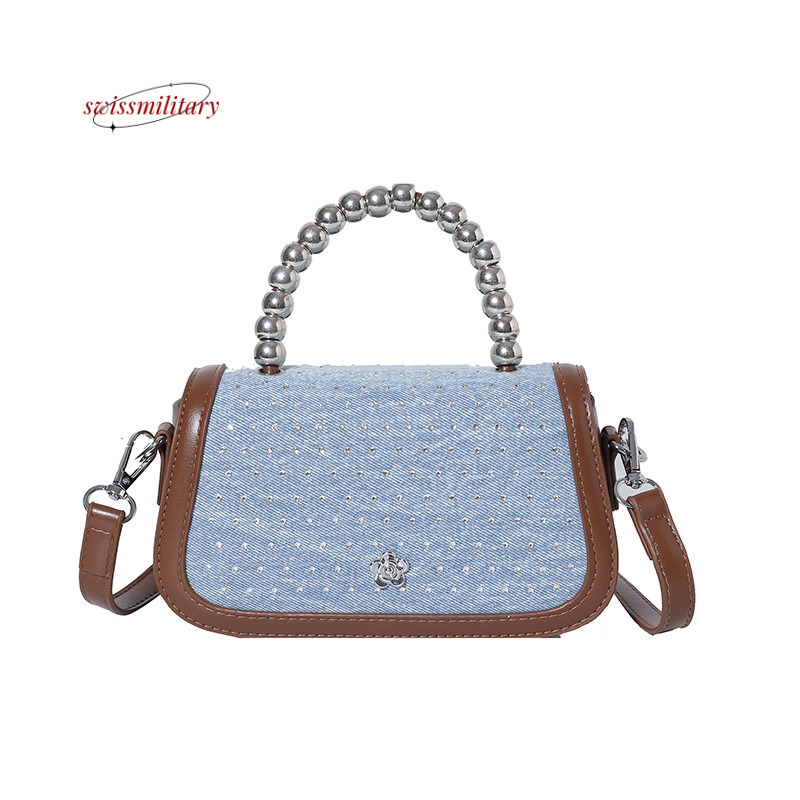 Swissmilitary High end denim rhinestone for women, 2024 summer new trendy single shoulder diagonal cross bag, bead hand-held small square bag
