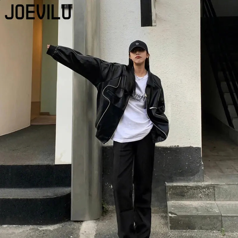 Black leather bomber jacket streetwear motorcycle Pu baseball jacket loose casual zipper cardigan top unisex hip-hop jacket 240827