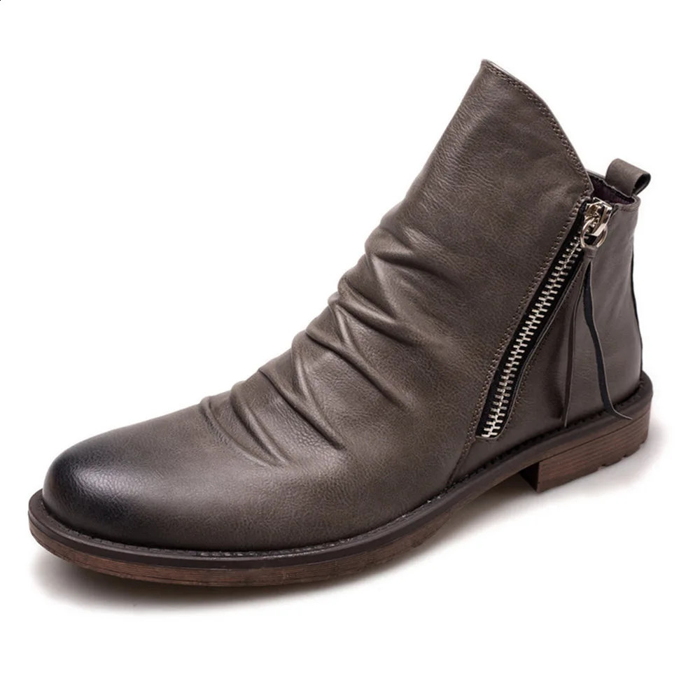 Double Zipper Non-slip Bottom Single Plus Size 38-48 Mens Motorcycle Boots Men Leather Dress Shoes 240828