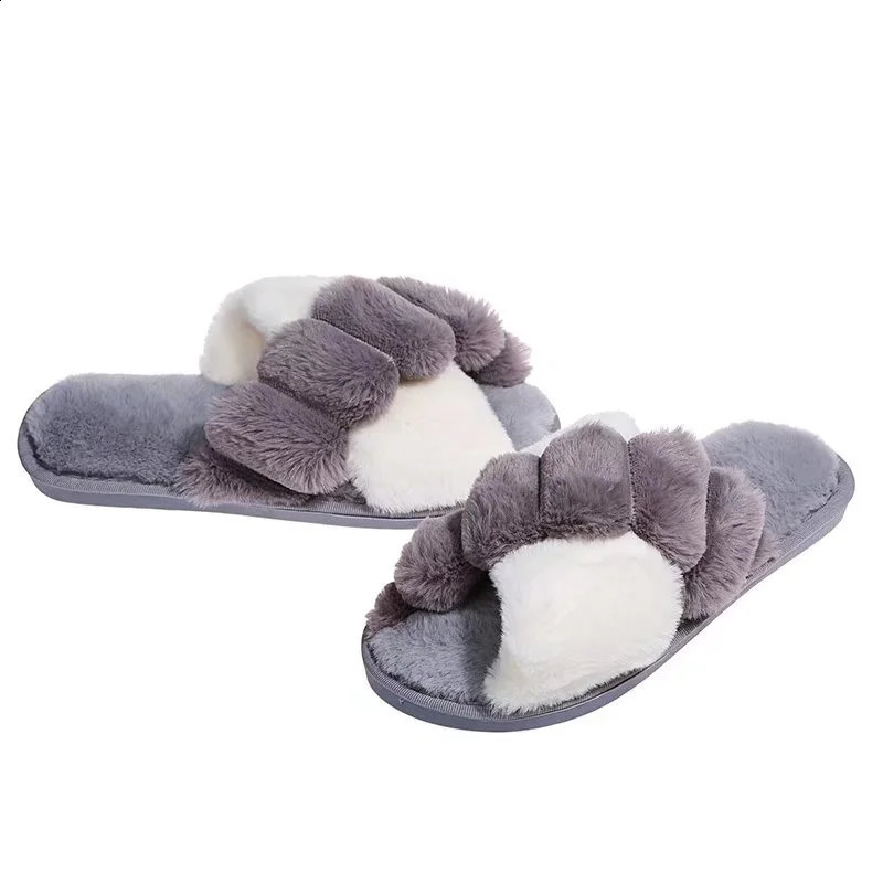 Womens winter home fur slider fluffy artificial fur home slider flat fashionable indoor floor shoes womens flip sofa 240827