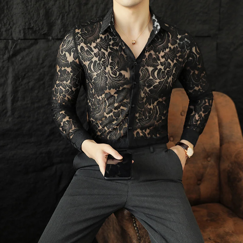 Mens Mesh See Through Flower Lace Sheer Shirt Long Sleeve Sexy Clubwear Dress Shirts Party Event Prom Transparent Chemise Homme 240827