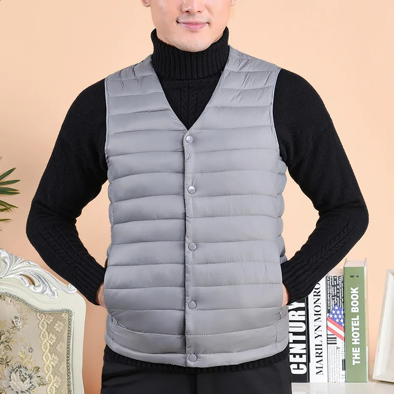 Mens warm cotton vest autumn mens sleeveless jacket middleaged and elderly solid color Vneck single chest down 240827