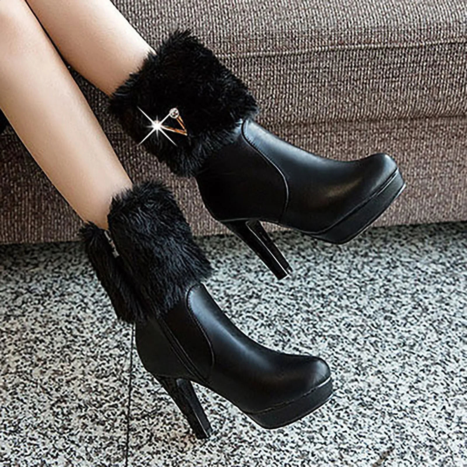 High Heels Fluffy Neck Boots for Womens Winter Rhinestone Foot Boots with Side Zipper Thin Boots Elegant Womens High Heels Shoes 240827