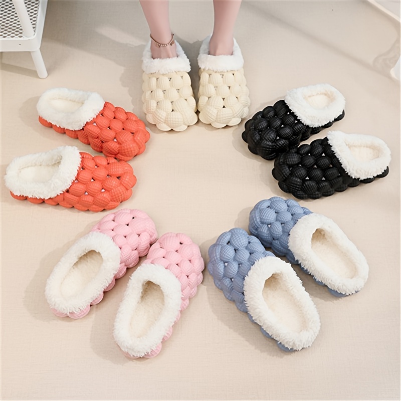 Cozy Womens Fleece Bubble Slides - Soft, Non-Slip, Warm EVA Sole, Solid Color, Fabric Insole, All-Season Slip-On Shoes for Winter and Beyond - Comfort