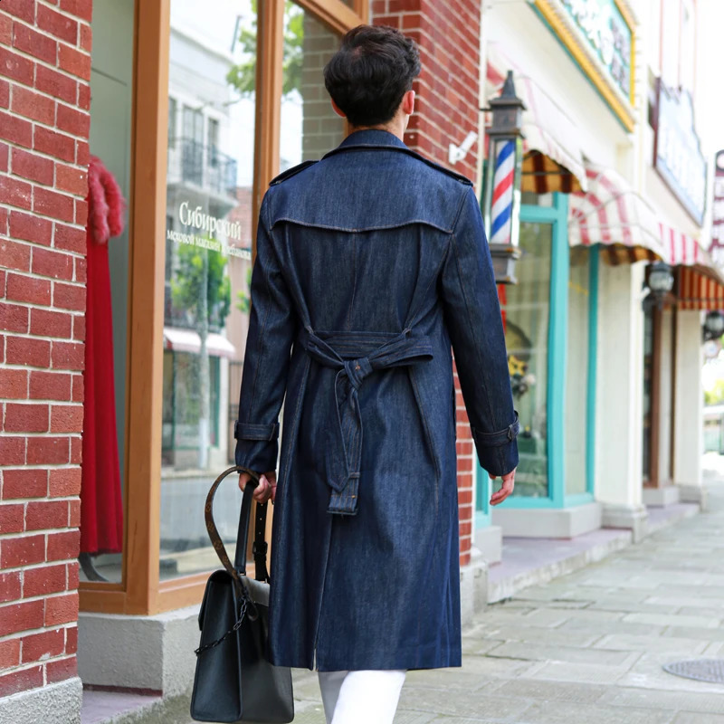 Denim long trench coat over the knee double breasted British Autumn and winter thickened warm retro classic mens windbrea 240828CJ - view 4