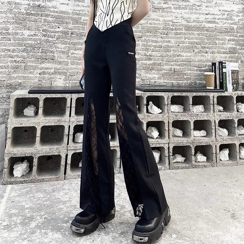 Deeptown Y2k Coquette Lace Flare Pants Woman Gothic Patchwork Baggy Vintage Black Trousers Korean Fashion Straight Streetwear