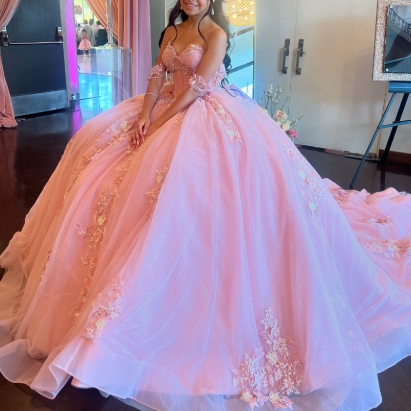 Pink Shiny Quinceanera Dresses Off The Shoulder Mexican Applique Lace Beads Tull Vestidos De 15 Princess Sweet 16 Birthday XV Ball Gown