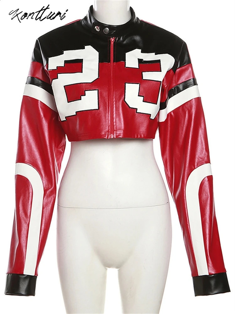 Kontturi Autumn Retro Racing Pu Womens Leather Jacket O-neck Long sleeved Crop Top Street Letter Printing Red Zipper Jacket 240827