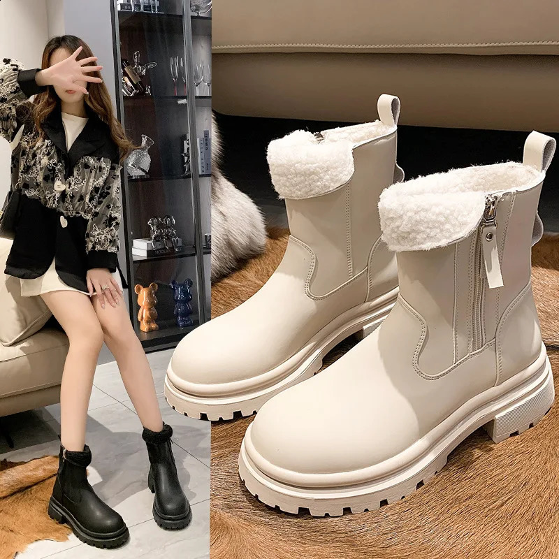 Shoes Lolita Boots Australia Zipper Round Toe Boots-Women Winter Footwear Plush Snow Mid-Calf Rubber Med Mid Calf Rock Fur 240828