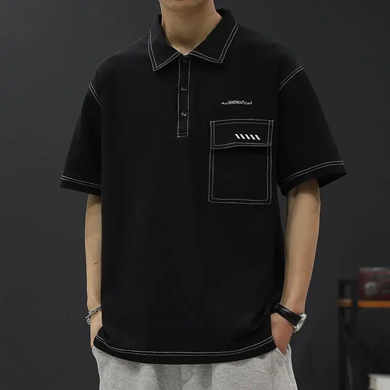 Mens Tshirt collar embroidered polo shirt loose top mens clothing short sleeved casual Kpop 240828