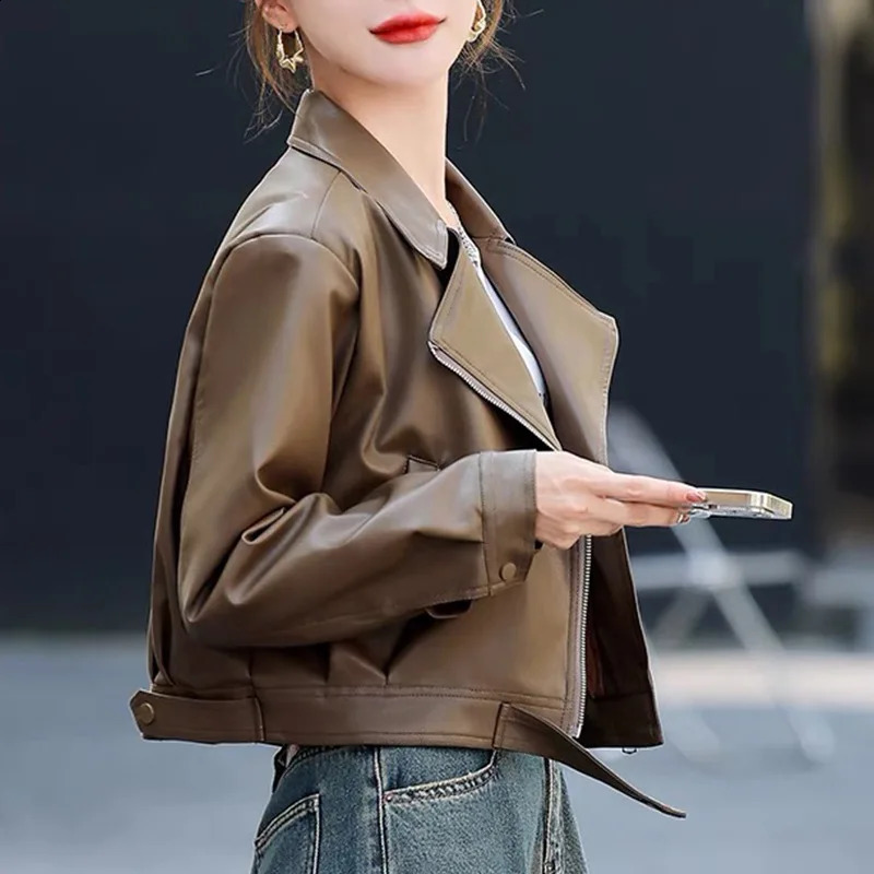 stand up collar zipper leather jacket motorcycle PU jacket womens autumn street long sleeved cut jacket jacket 240827