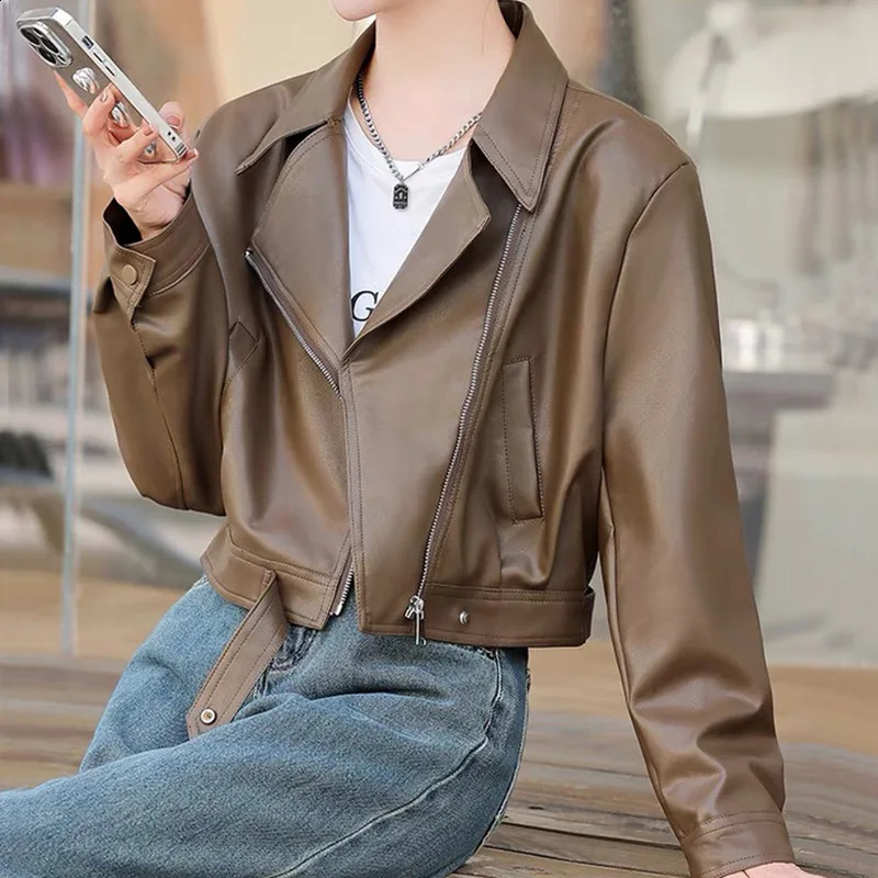 stand up collar zipper leather jacket motorcycle PU jacket womens autumn street long sleeved cut jacket jacket 240827