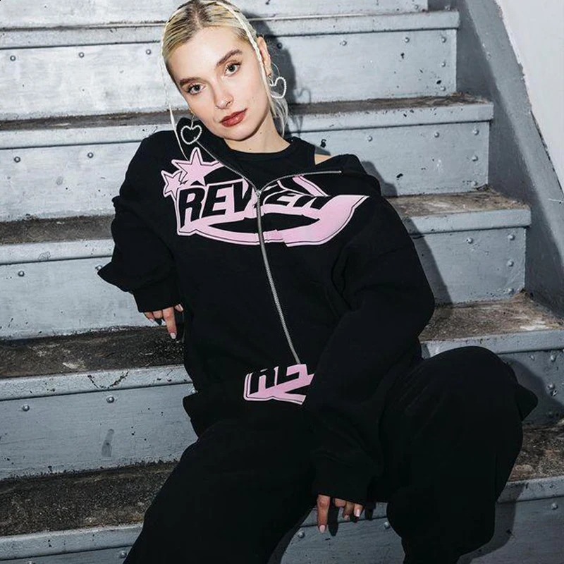 Hip-Hop Goth Couple Hoodie Autumn Winter Harajuku Cardigan Zipper Hoodie Retro Letter Print Casual Sweatshirt Men Womne Clothing 240828