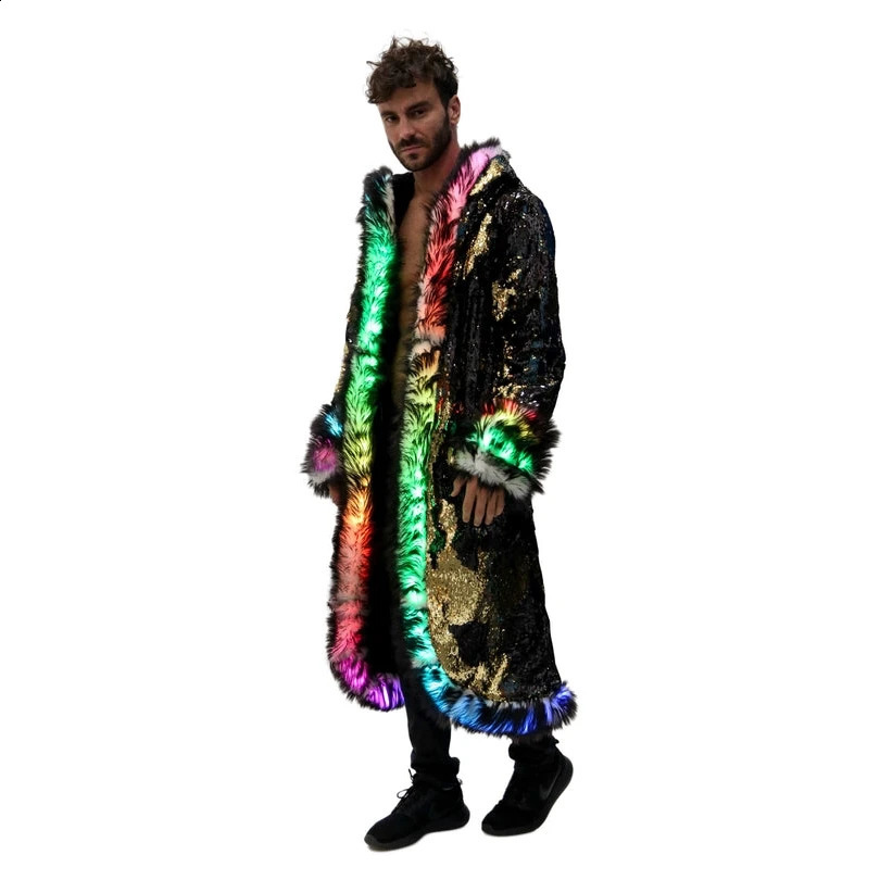 LED Costume Faux Fur Coat Long Hooded Flash Clothes Burning Man Clothing Mens 240828