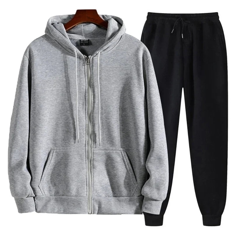 Mens Solid Set Zipper HoodiePants Spring/Autumn Casual Fitness Sports Elastic Mens Clothing Set Drawstring Pants 240827