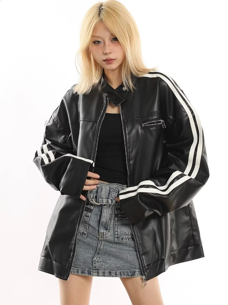 Womens Jacket Autumn American Retro Hip Hop Motorcycle Style Pu Leather Long Sleeve Contrastive Color Street Neutral 240827