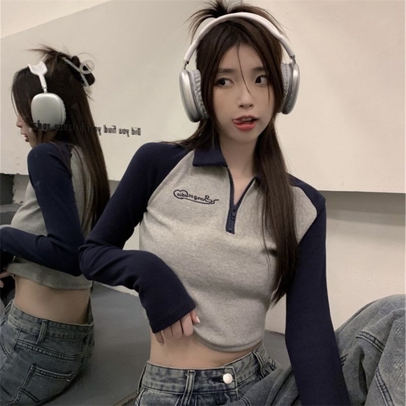 Y2K top short sleeved polo neck long sleeved T-shirt cycling style womens autumn Korean fashion ultra-thin half zipper bottom shirt style 240827