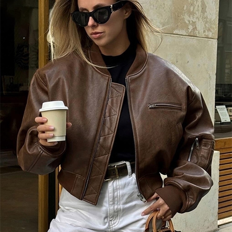 Short leather womens jacket retro O-neck loose long sleeved fashion autumn 240827