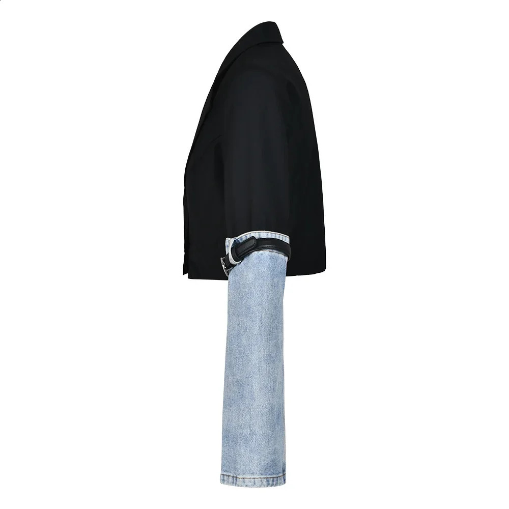 Unique colored blocked denim jacket suitable for women autumn n sensual sleeves open belt Versatile Cropped top 240827