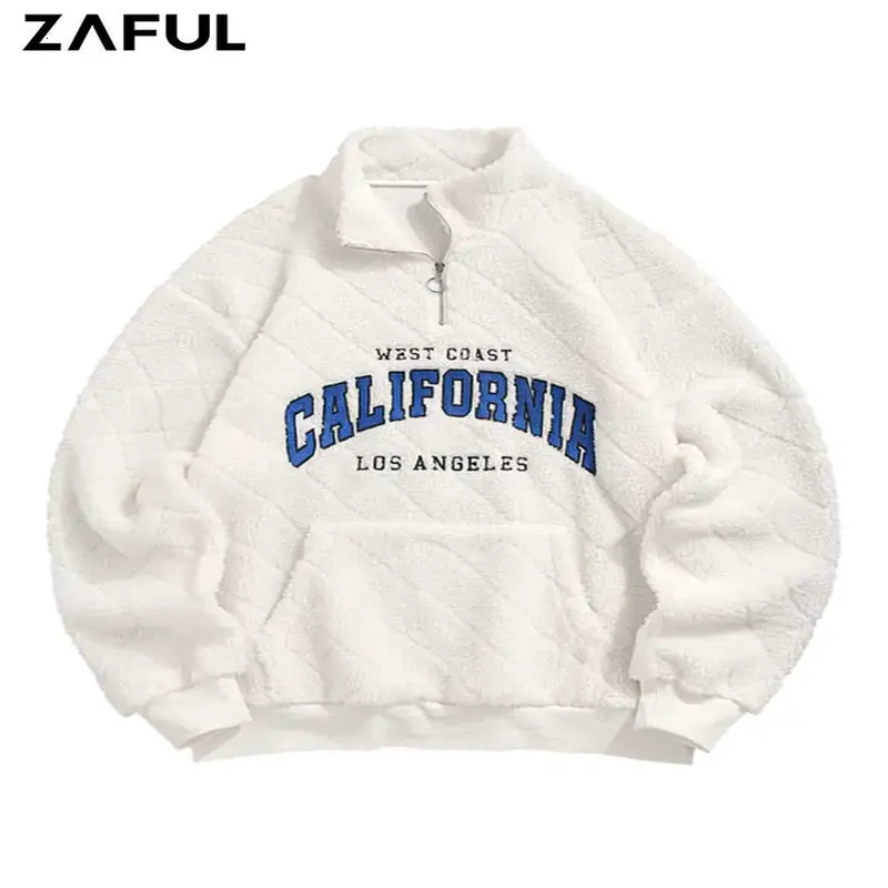 mens Turtleneck sweatshirt with embroidered letters and fluffy fuzzy texture hooded Sherpa wool Pullover Z5106406 240827