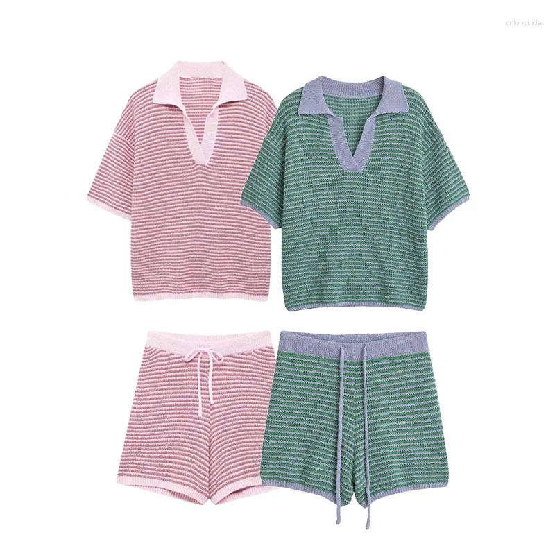 Women's Tracksuits YUEYANG High Waisted Knitted Shorts Sets For Women 2 Pieces Fashion Polo-Neck Suit Two Piece Set Outfit