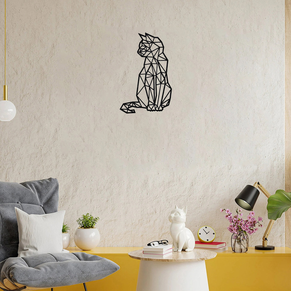 Metal Wall Art Geometric Cat Decorative Wall Silhouette Decoration Minimalist Metal Wire Cat Metal Wall Decoration