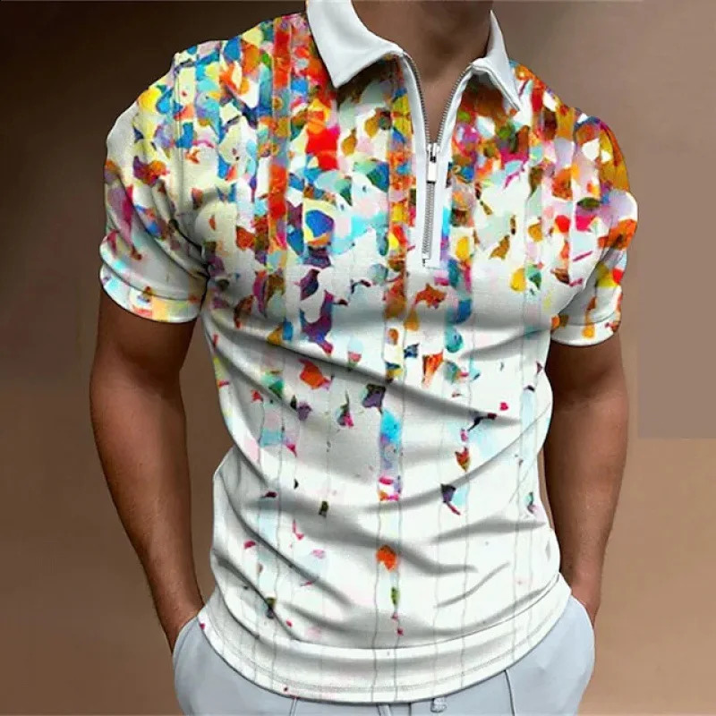 European and American mens zipper polo shirt lapel short sleeved fashionable casual 3D printed Tshirt 240828