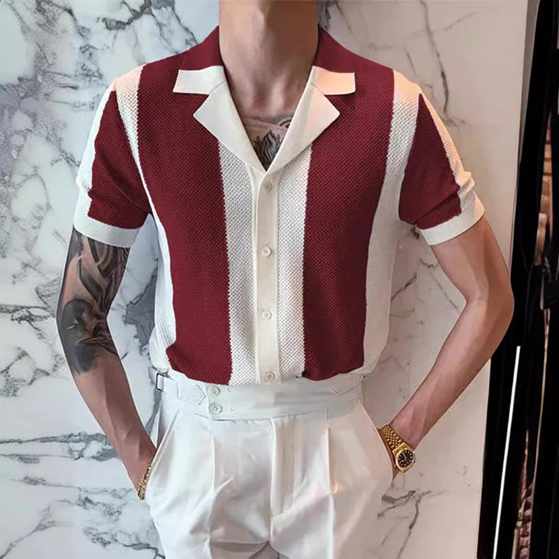 Mens Knit Shirt Striped Contrast Color Jacquard Knitted Tops Men Cardigans Summer Short Sleeve Buttoned Lapel Slim Shirts 240827