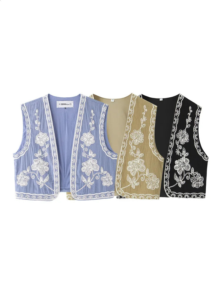 KAOPU ZA Womens Embroidered Open Coat Retro V-neck Sleeveless Womens Coat Fashion Tank Top 240828
