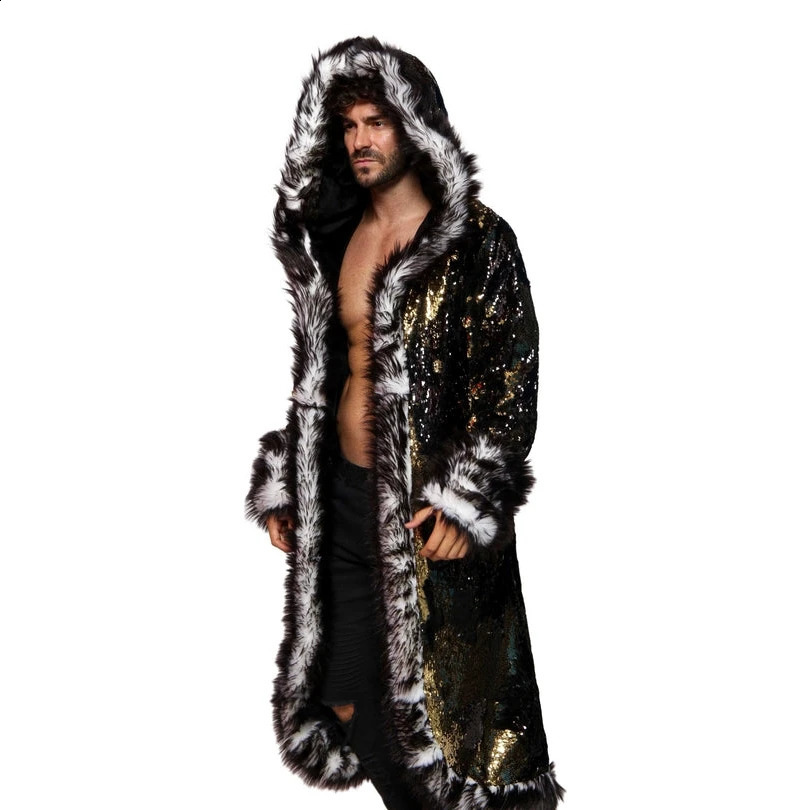 LED Costume Faux Fur Coat Long Hooded Flash Clothes Burning Man Clothing Mens 240828