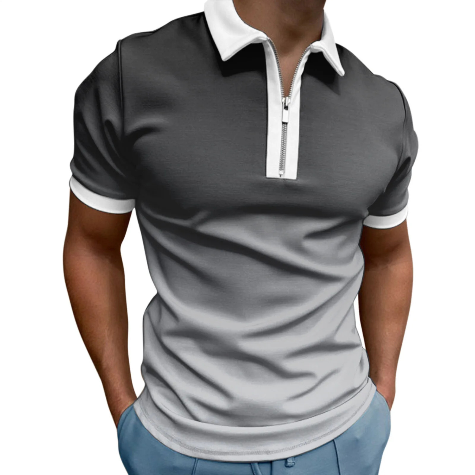 3D Gradient Printed Mens Zipper Neck Polo Shirt European and American Trend Short Sleeve Tshirt 240828