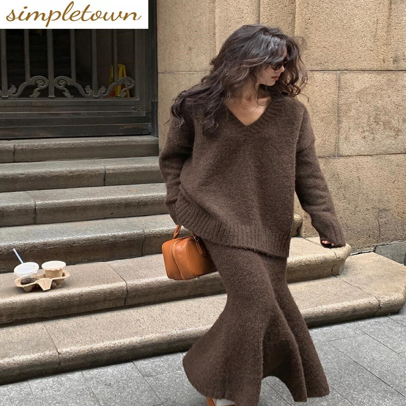 Lazy Style Womens Sweater Set AutumnWinter Vneck Lanhua Knitted Top Half Sleeve Fashion Two piece 240827