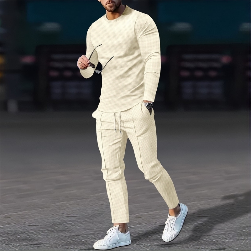 Autumn mens solid color suit waffle round neck long sleeved mens suit 240827