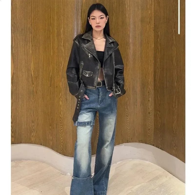 Womens streetwear vintage leather jacket retro bicycle jacket spring style womens fashion ultra-thin zipper short top gothic clothing jacket 240827