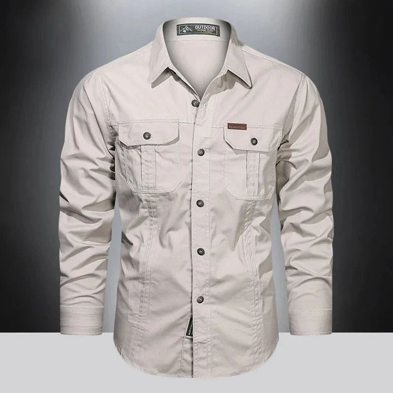 Autumn Military Style Cotton Pocket Shirt for Men Solid Color Slim Casual Clothing Men Long Sleeve Shirts 5XL 240827