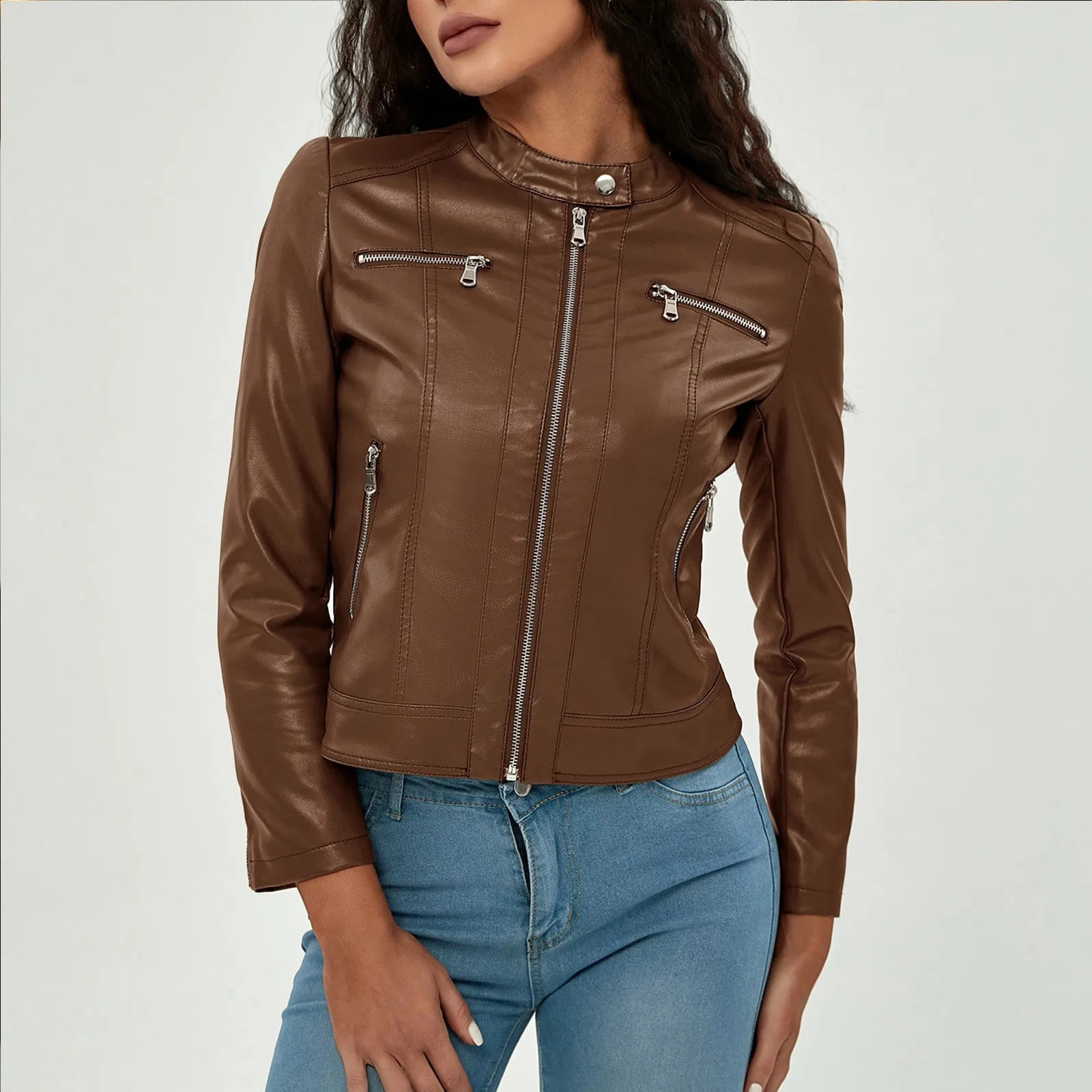 Retro faux leather jacket spring/summer womens classic simulated collar PU Leater bicycle jacket 90s 2000s outerwear streetwear 240827
