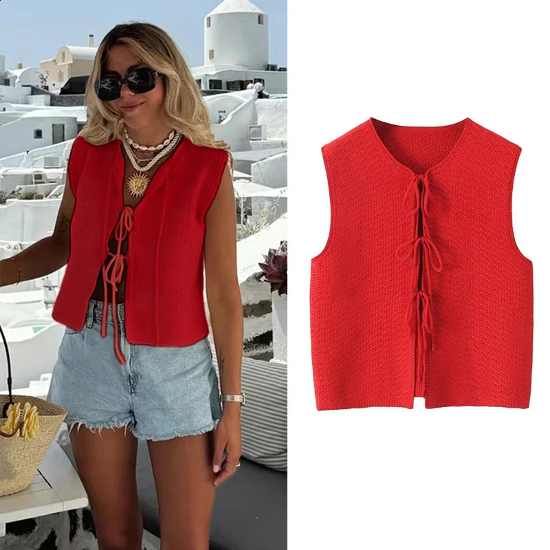 Mens bow tie womens short knitted sleeveless vest jacket womens waist coat womens knitted top 240828