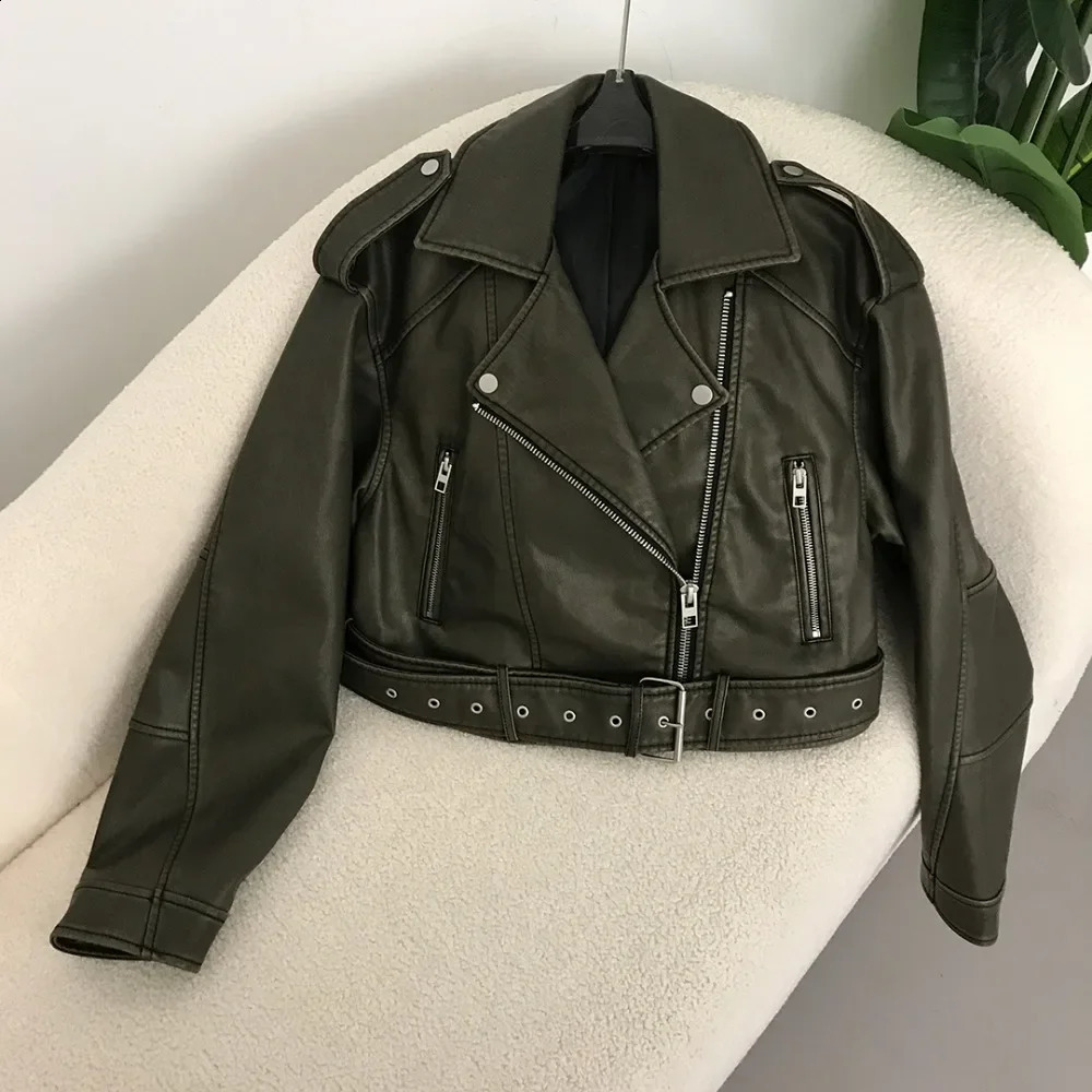 bicycle jacket fashionable womens spring synthetic leather jacket fashionable retro American streetwear short lapel zipper with streetwear 240827