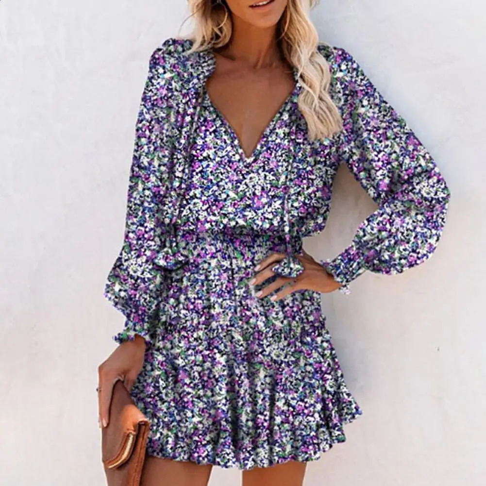 Vneck lace mini dress breathable waist tight long sleeved colorful printed pleated hem party womens 240828