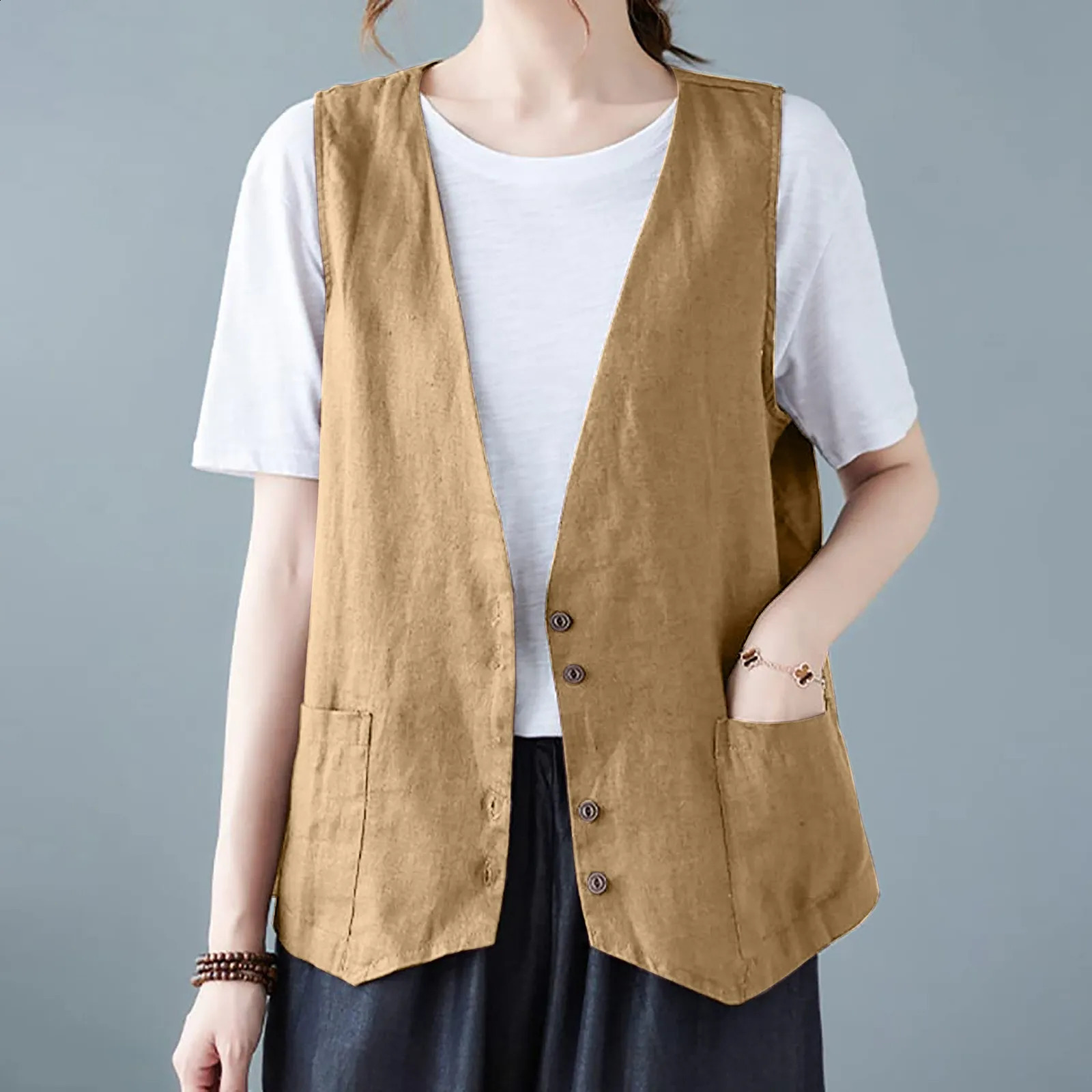 Womens cotton linen vest spring and summer casual button down V-neck waist jacket daily commuting matching fashionable and simple vest 240828